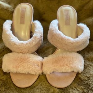 Pink faux fur heeled mules